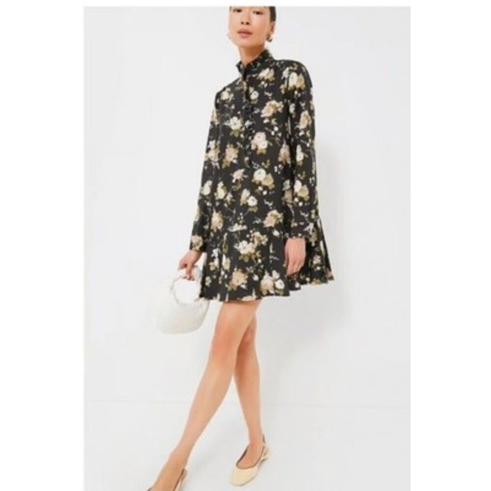 Tuckernuck Floral Mini Dress | Long Sleeve Ruffle Neck Black Boho Dress